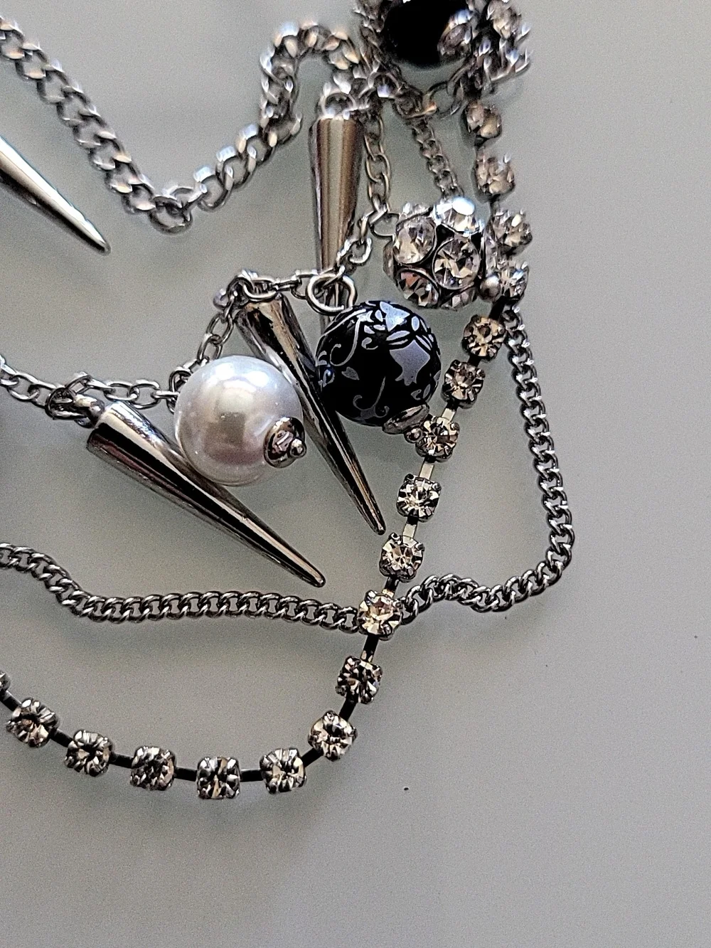 Edgy Glam Charm Bangle Bracelet Silver Tone Spikes Pearls Rhinestones